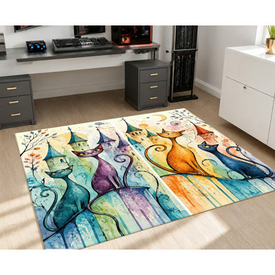 Tapis lavable motif château de chats fantaisiste, aquarelle, surface en velours, doux et antidérapant, décoration intérieure moderne pour salon, chambre, entrée, bureau, balcon, appartement