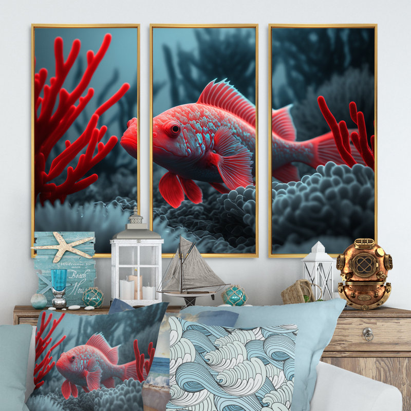 «Tropical Fish in Blue and Red II», reproduction sur toile 3 pièces, H 32 po x l 48 po x P 1 po, Toile à cadre flottant doré