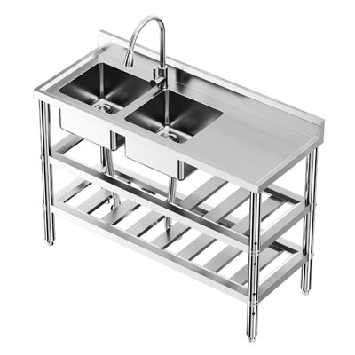 Stainless Steel Utility Sink - Commercial Double Bowl Kitchen Sink with Pull Out Faucet & Hot Cold Water Pipe