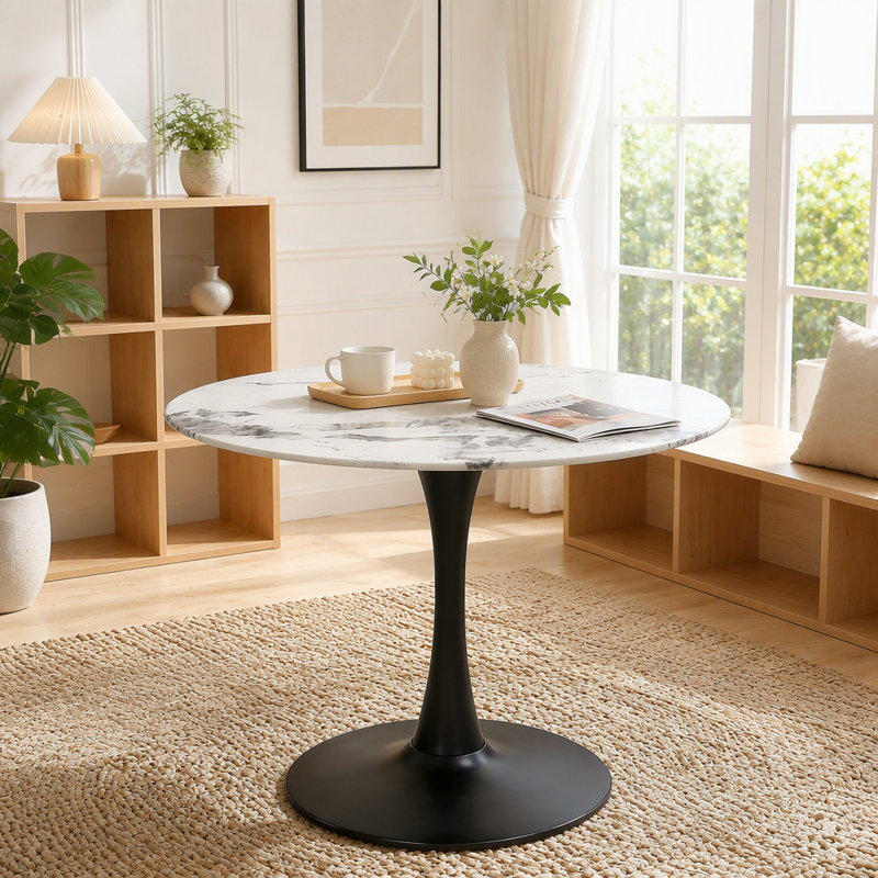 Table tulipe ronde 34,65 pouces avec plateau veiné en marbre, Noir et blanc