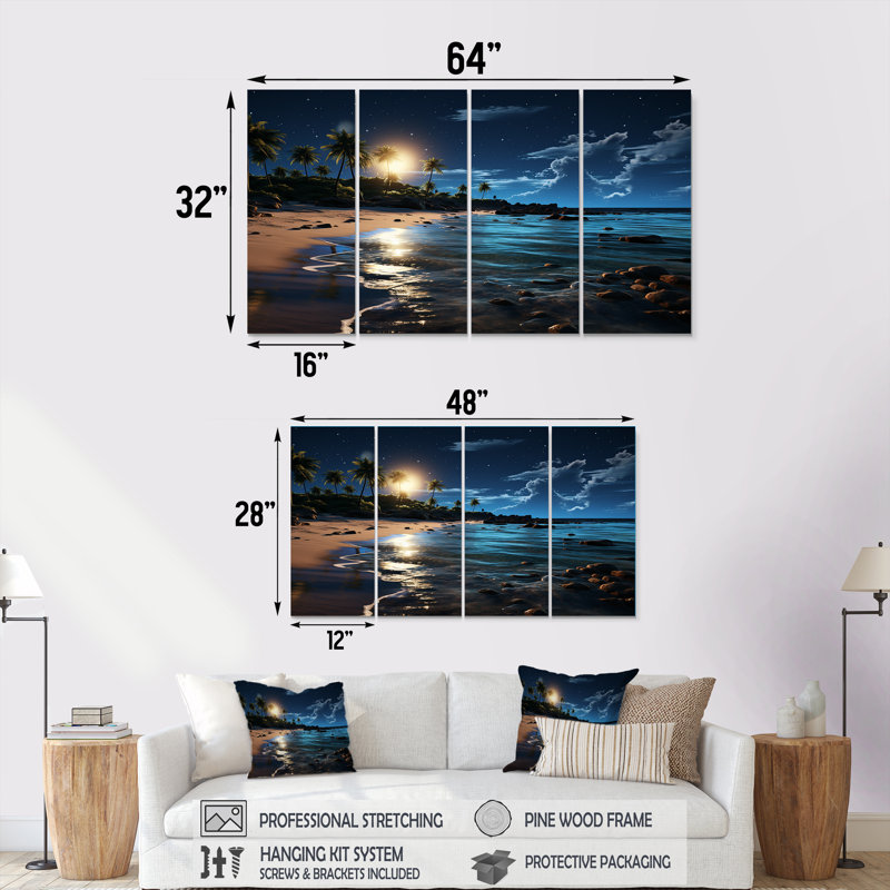 Mystic Tropical Beach Moonlight III - Coastal Beach, art mural sur toile 4 pièces, H 28 po x l 48 po
