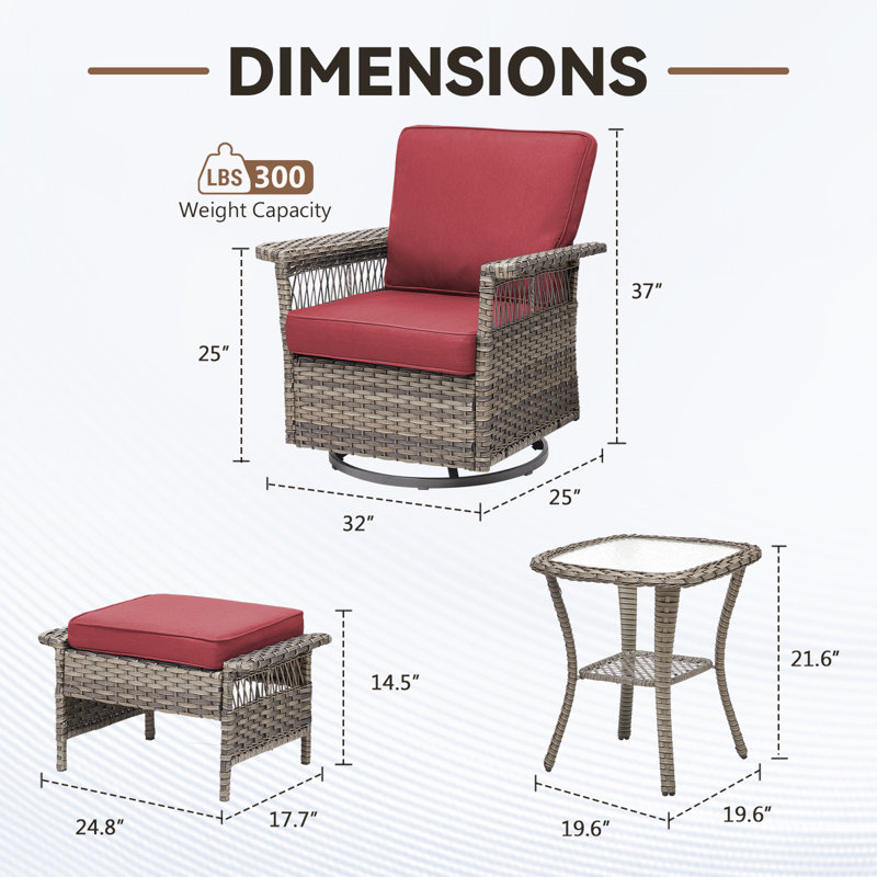 Ensemble de chaises pivotantes d'extérieur en osier 5 pièces avec table d'appoint et repose-pieds Anferney, Rouge, Gris