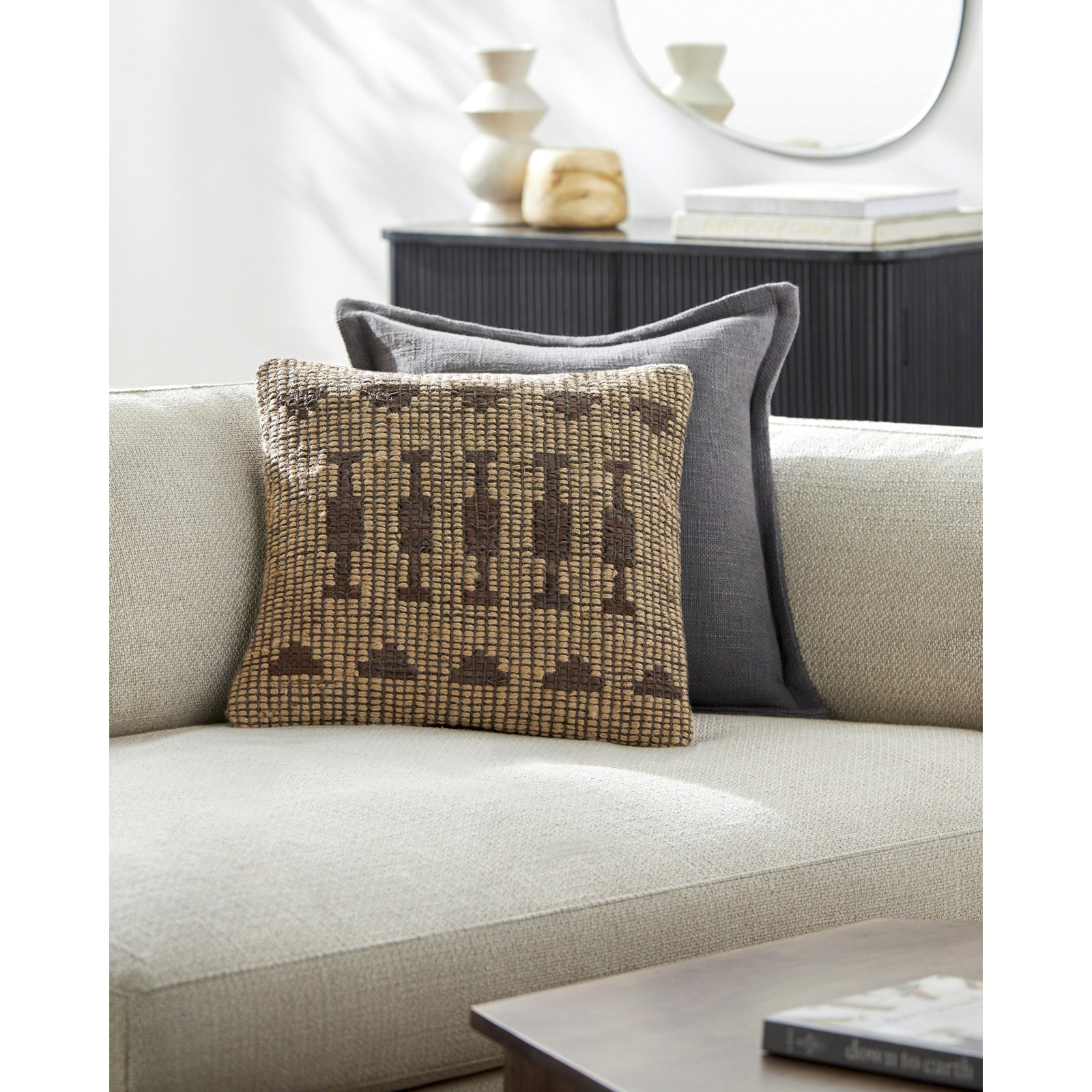 Twareg Geometric Jute / Sisal Throw Pillow, Down Blend, 20"H x 20"W