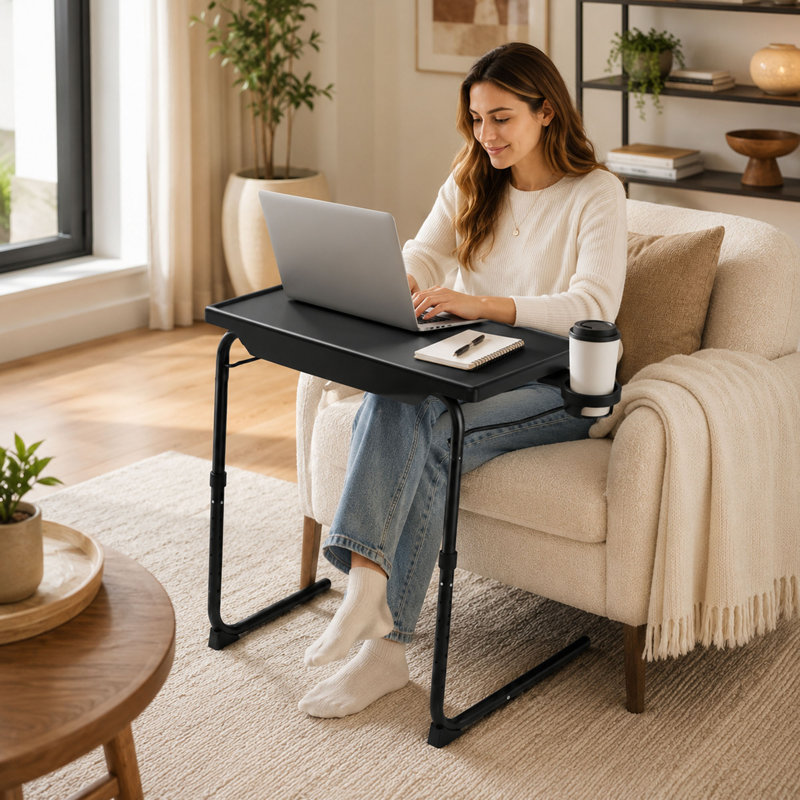 Table-télé pliante réglable, inclinable et porte-gobelet
