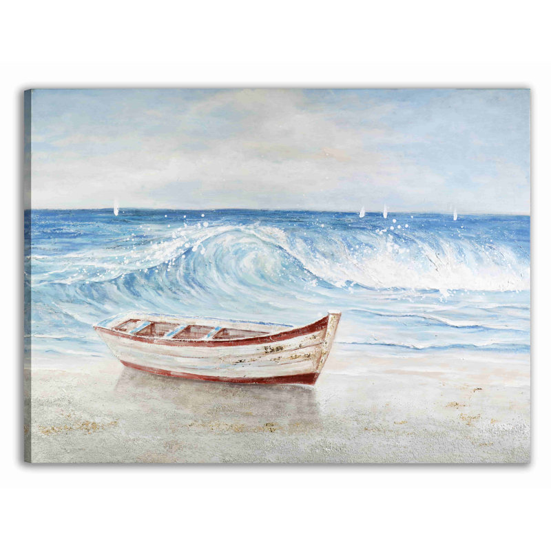 Bateau clément rouge sur la plage, océan bleu, H 12 po x l 16 po x P 1 po
