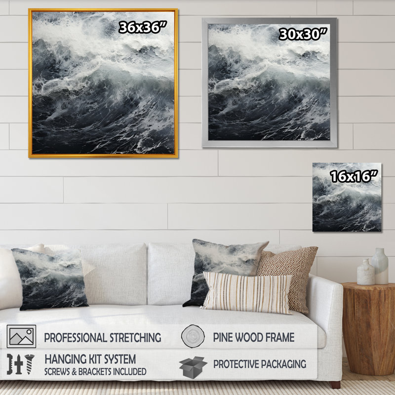 Tempête de vague noire et blanche sur toile, H 36 po x l 36 po x P 1,5 po, Cadre simple noir