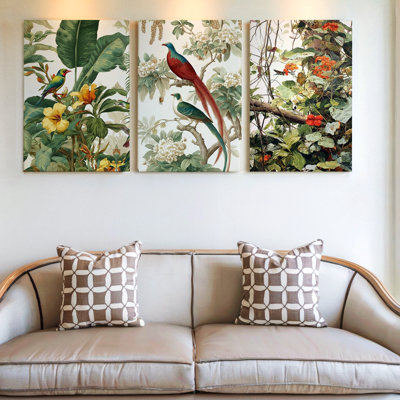 3 Pieces Tropical Birds and Lush Foliage Large Wall Art for Nature-Inspired Decor, Three Pieces Wall Art for Living Room, Bedroom, and Office Decor