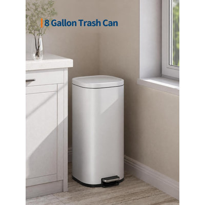 8 Gallon Stainless Steel Rectangular Kitchen Step Trash Can, Modern Household Garbage Bin