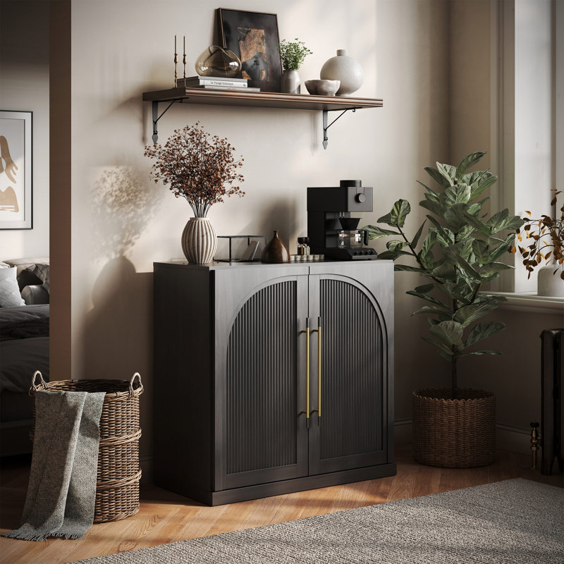 Modular Sideboard with Double-Arc Wood Doors, Ebony, Ebony