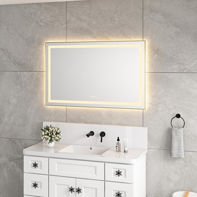 Miroir de salle de bain 48 "x 30" à DEL avec 3 températures de couleur, brouillard, cadre en aluminium, fixation murale, gradation continue, fonction de mémoire, couleurs, options, avant et rétroéclairage, salle de bain à finition or brossé
