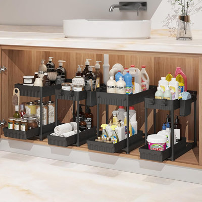 Under Sink Organizer 4-Pack – Black – 2-Tier Multi-Use Pull-Out Cabinet Storage With Hooks And Cups For Bathroom & Kitchen