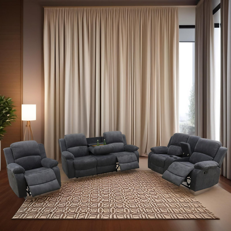 Ensemble de canapé inclinable manuel en velours côtelé gris foncé Elysian, ensemble de salon 3 pièces avec console de rangement et porte-gobelets