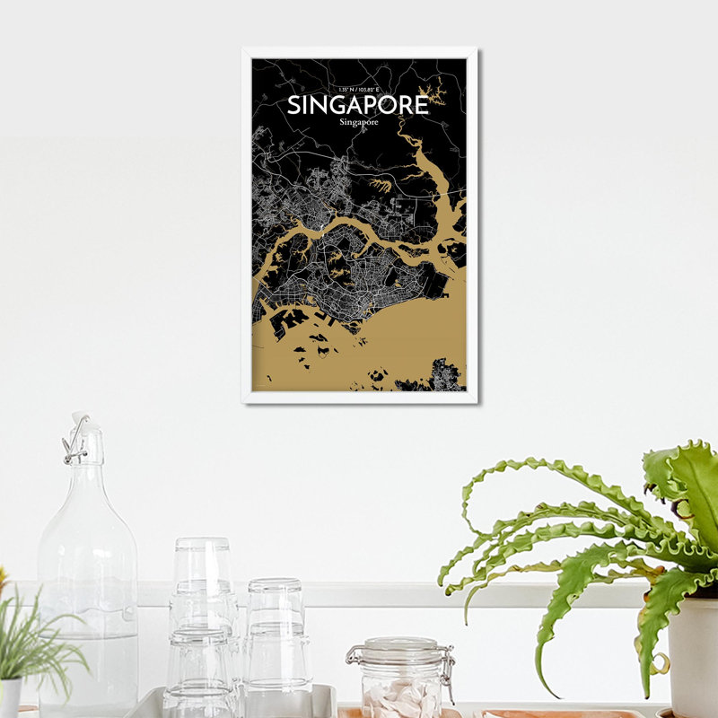 Carte de la ville de Singapour, impression, H 17 po x l 11 po, Noir et or