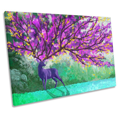 Stag Deer Pink Floral Horns Framed - Wrapped Canvas Print