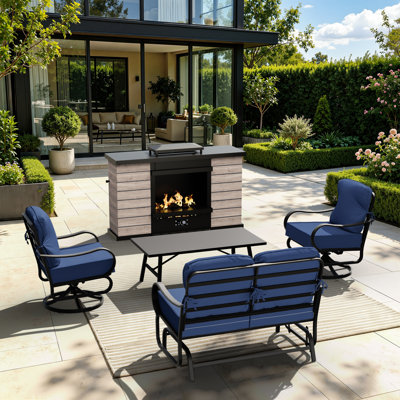 4-Person Patio Swivel & Glider Conversation Set with Outdoor Fire Pit Table & 5.3" Blue Cushions