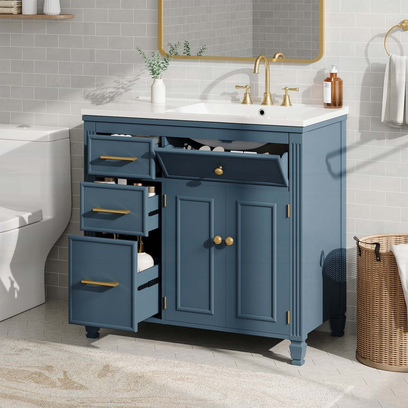 Meuble-lavabo de 36 pouces avec lavabo en céramique, tiroirs basculants et latéraux, tablette réglable, finition gris-bleu