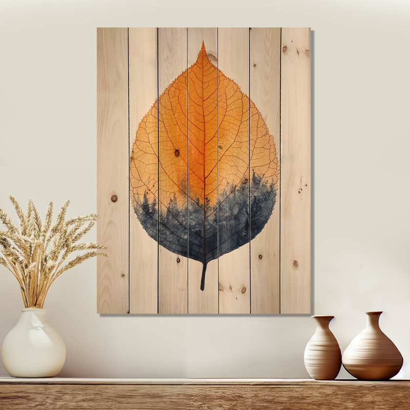 Ambre moderne, laisser l'harmonie de l'automne II - impression sur bois de feuilles - sur bois de pin naturel