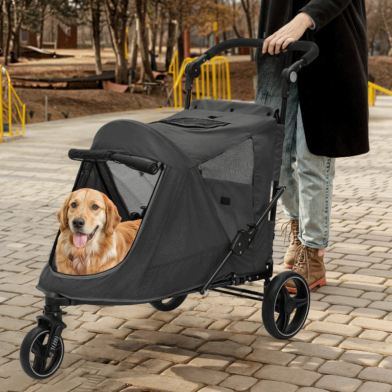 Folding 3 Wheel Pet Stroller, Foldable Dog Jogger Stroller with Adjustable Handlebar and Mesh Window, Black