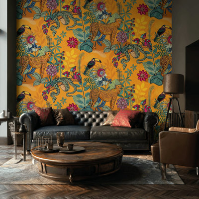 Tropical Cheetah Wallpaper Jungle Floral Decorative Mural