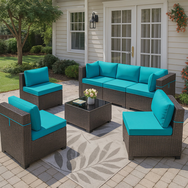 Ensemble de conversation modulaire pour patio en osier 6 personnes avec coussins