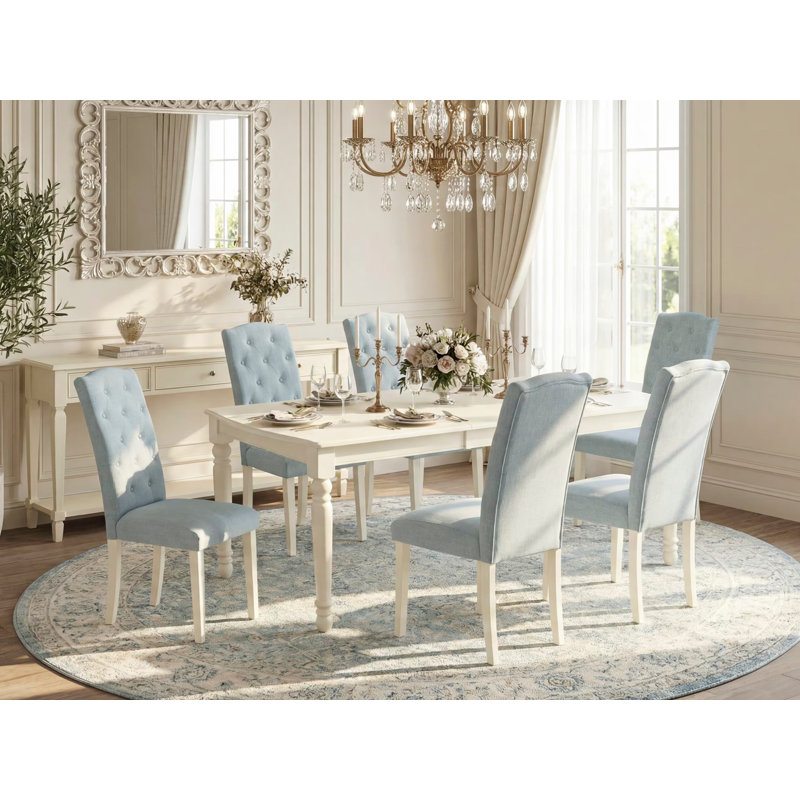 Ensemble de table et chaises de salle à manger 7 pièces comprenant une table de salle à manger rectangulaire en forme de feuille de papillon et 6 chaises Parson en tissu bleu bébé, lin blanc
