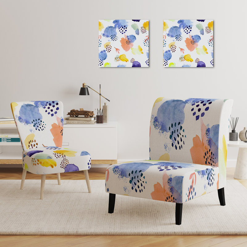 Accent Chair, Beige Floral Pattern Upholstered Decor - Beige Floral Pattern II, Blue/Yellow