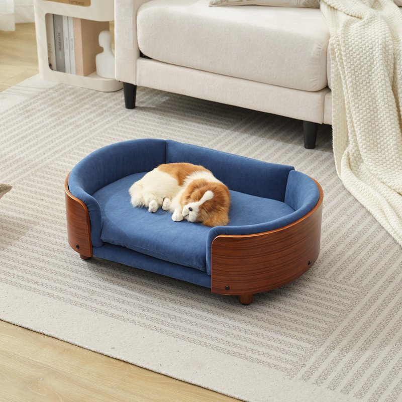 Canapé pour chien avec pieds en bois massif Eiffe, H 9,84 po x l 26,38 po x P 16,14 po, Bleu foncé/noir