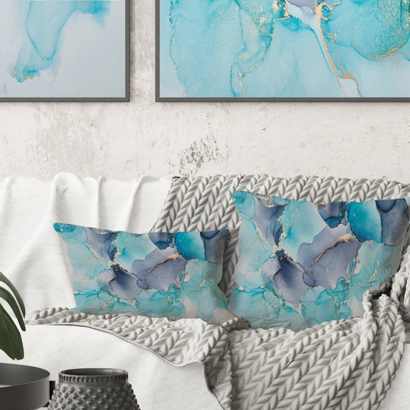 Turquoise et mauve, luxe, art abstrait fluide - coussin décoratif moderne, 16 po x 16 po