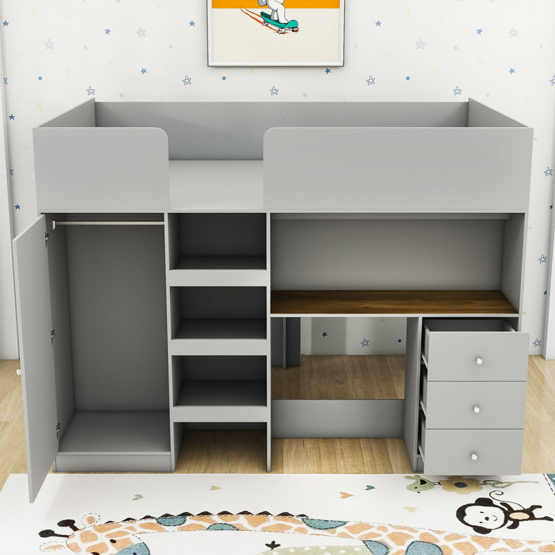Lit mezzanine double en bois avec garde-robe, bureau et tiroirs