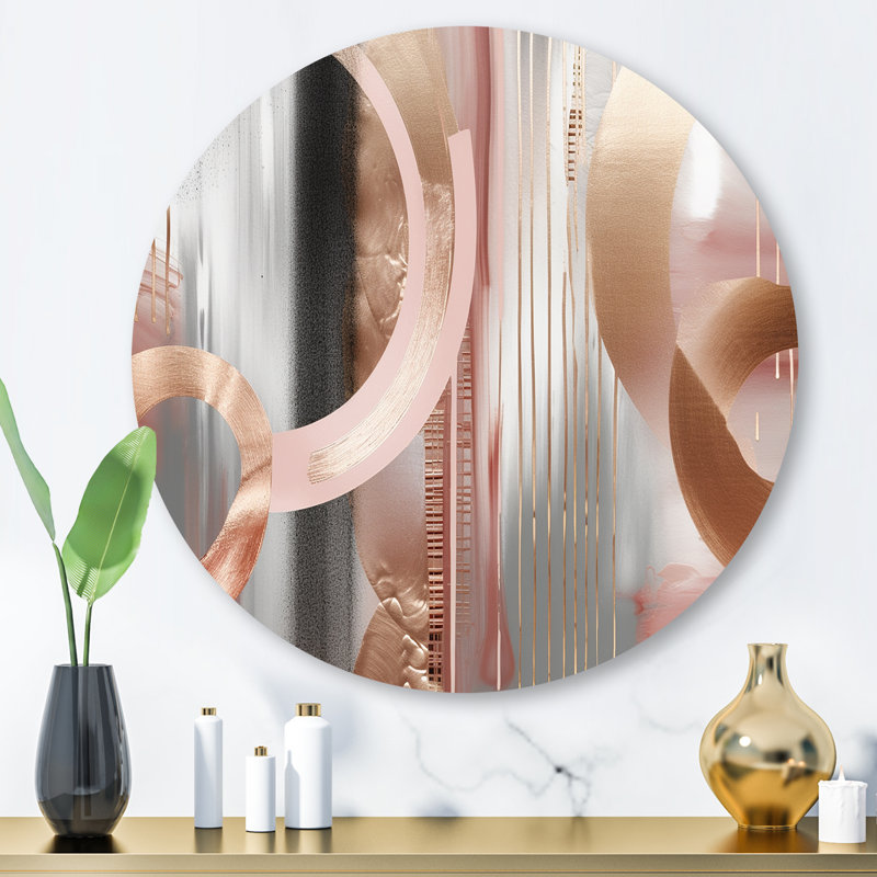 «Pink Rosegold Circle Chaos V», art moderne abstrait rond, transitionnel, métal, H 16 po x l 16 po x P 1 po