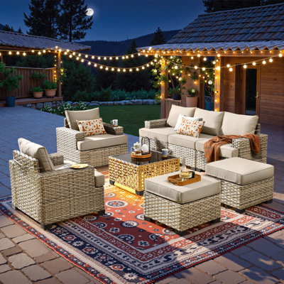 Ensemble de 8 meubles de patio modulaires en osier avec coussins 8 pièces