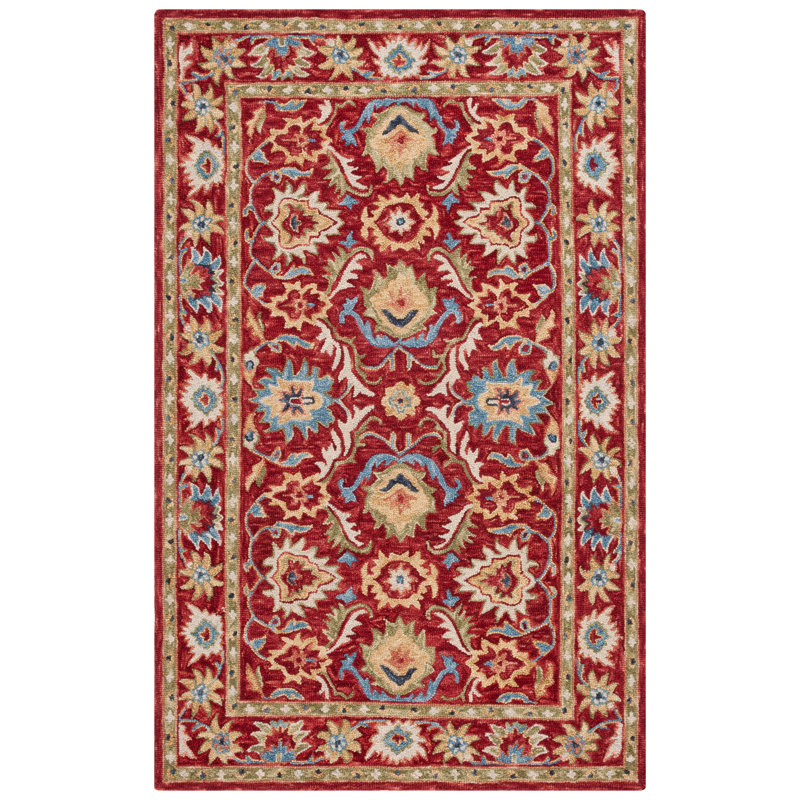 Ruzina Handtufted Wool Cotton Oriental Rug in Red/Green, Rectangle 4' x 6'