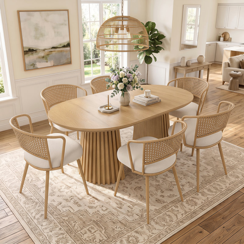Ensemble table et chaises ovales extensibles (39,37" à 70,87") avec chaises en rotin, Beige, 7 pièces : table, 6 chaises