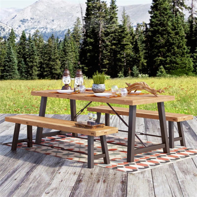 Ensemble repas d'extérieur 3 pièces avec structure en bois d'acacia et en fer