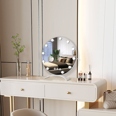 Large and Bright LED Metal Mirror Touch Dimmable Swivel Tabletop Mirror Hollywood Round lighted Makeup Mirror with 11 bulbs and 3x Magnification
