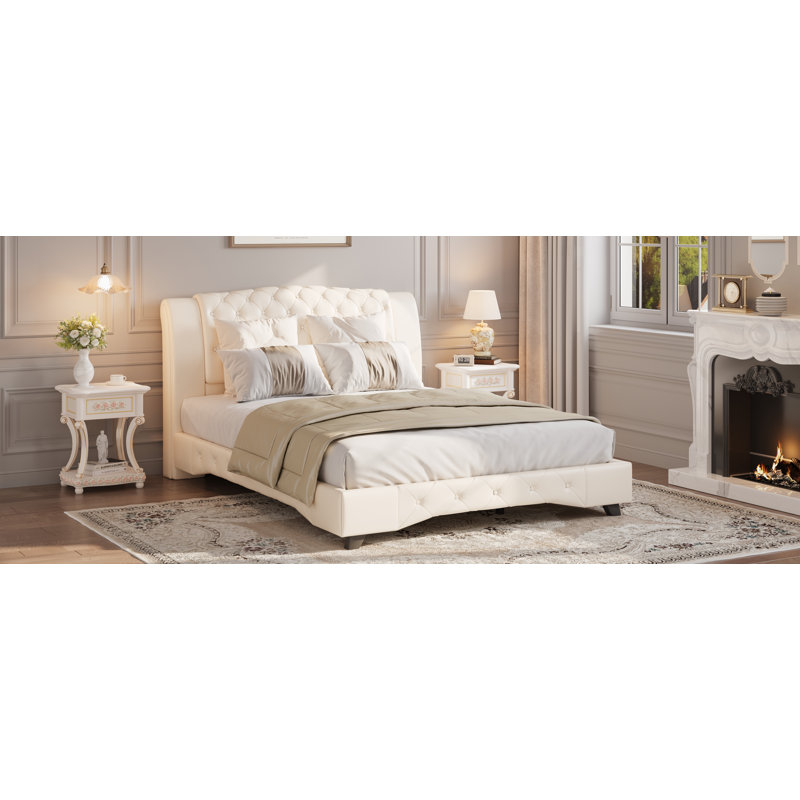 Lit plateforme tapissier néo-classique Aurelia, Beige, Grand lit