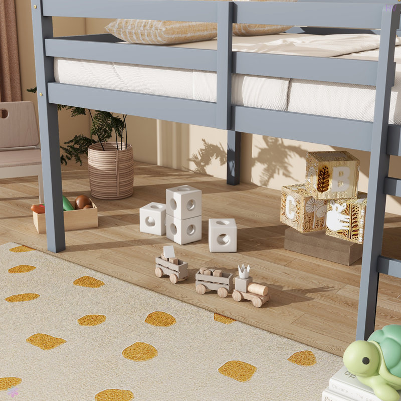 Lit mezzanine double en bois d'hévéa avec échelle, Gris