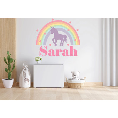 Adhésif décoratif personnalisé nom de filles, autocollants muraux licorne, arc-en-ciel et cœurs, décoration murale en vinyle pour bébés, enfants, filles, autocollants muraux personnalisés 026LU