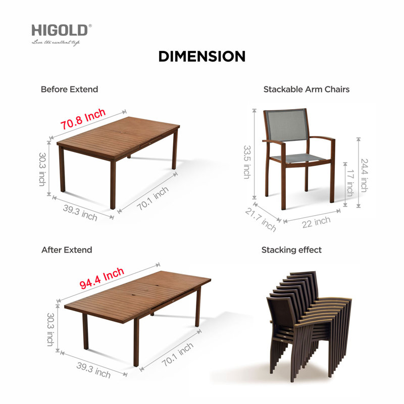 Higold - Heck 9 Pieces Patio Dining Sets, For Outdoor Dining Using, Grade A Teak, Black Aluminum Finished, Black&Brown
