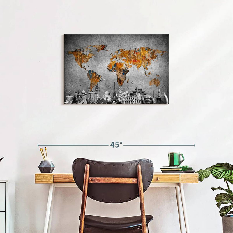 Impression sur toile, "Carte du monde colorée", H 20 po x l 30 po x P 1,25 po