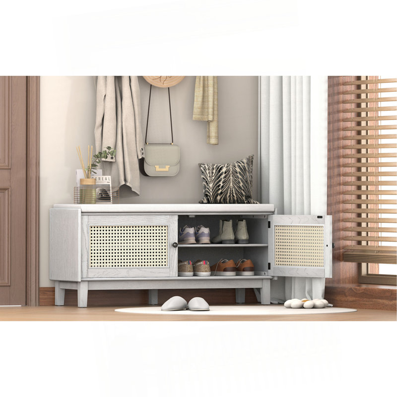Entryway Bench with Storage, Cushioned Shoe Bench with Double Doors, Beige/Gray Wash