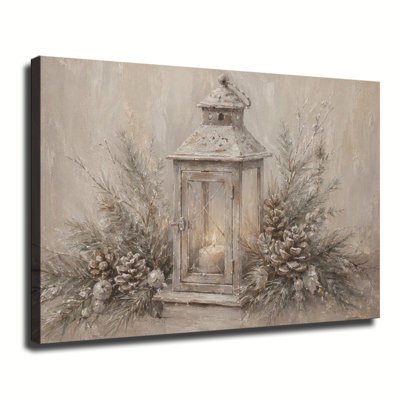 Lanterne rustique en bois avec chandelle et feuillage de pin givré, décoration murale sur toile, style hivernal neutre