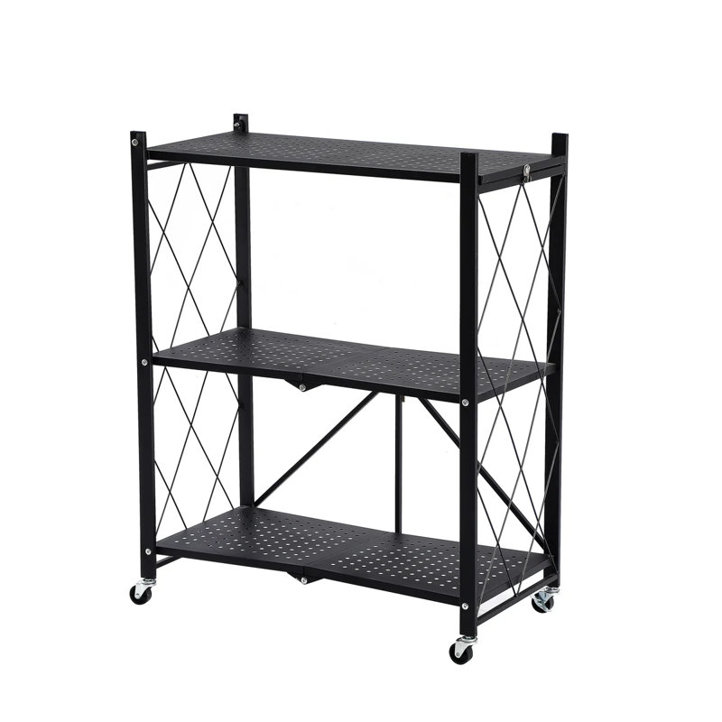 Foldable Storage Shelf with Wheels - Metal Collapsible Shelving Unit Display, Rolling Cart for Books Kitchen Storage Shelves