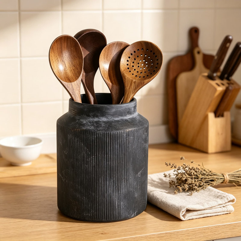 Porte-ustensiles de cuisine en céramique pour comptoir Farmhouse, pot à ustensiles de cuisine rustique rétro, design rétro peint à la main, porte-spatule robuste pour comptoir de cuisine