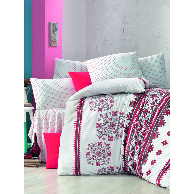 Ensemble de housse de couette en mélange de coton blanc / rouge / noir Ora