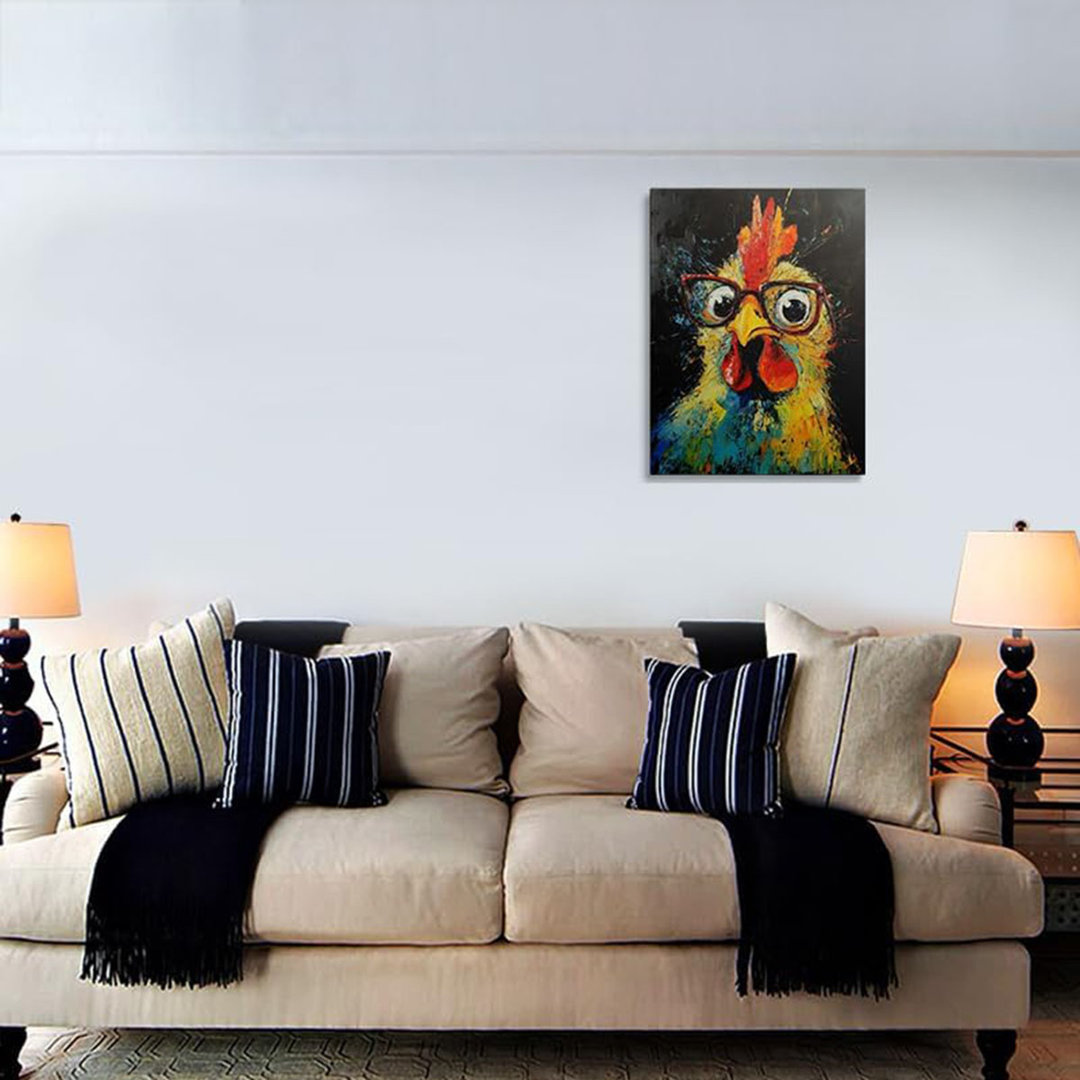 Funny Chicken with Glasses Graffiti Canvas Wall Art Framed Rooster Colorful Cock Picture Wall Decor Animal Prints Poster Cool Painting for Living Room