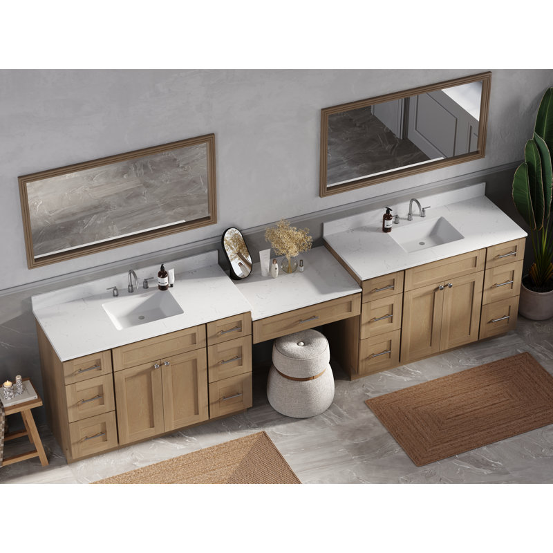 Disar 126'' Double Bathroom Vanity With Desk Dovetail Solid Wood Drawer Carrara Quartz Top, Natural Oak