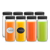 JoyJolt Glass Juice Bottles with Black Lids, 16oz