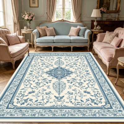 Tapis floral bleu et blanc de 1 pièce, élégant tapis décoratif polyvalent, facile à nettoyer et à entretenir, meuble idéal pour la chambre à coucher, le salon, le couloir, le vestibule, le dortoir et le bureau afin de rafraîchir l'ambiance intérieure de votre maison