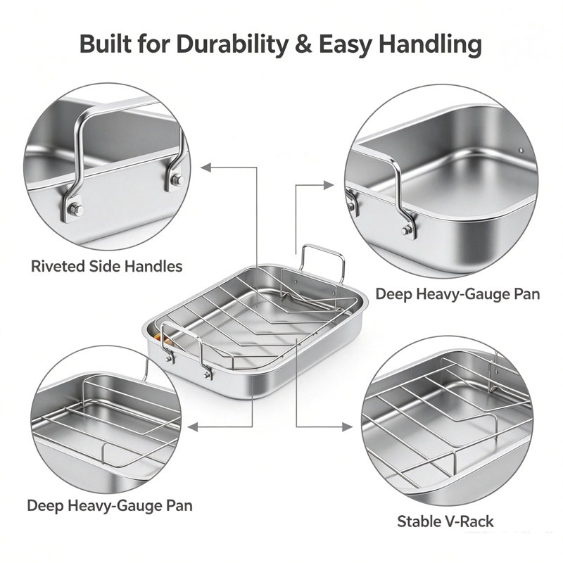 Stainless Steel Roasting Pan with V-Shaped Rack, Heavy Duty Rectangular Roaster with Riveted Handles for Turkey Chicken Ribs Vegetables, Dishwasher Safe